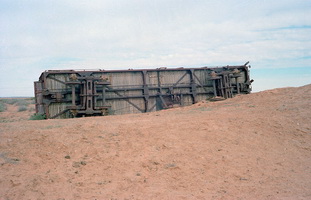 15.5.1981,Marree - NSA sheep wagon on side - possibly NSA551
