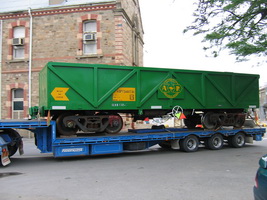 21<sup>st</sup> October 2005,Islington - AOPY34073 being transported out of gate on back of a truck - ex CR Leigh Creek coal wagon