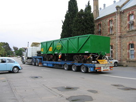 21<sup>st</sup> October 2005,Islington - AOPY34073 being transported out of gate on back of a truck - ex CR Leigh Creek coal wagon