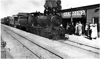 c.1921, loco SAR T180 with passenger train in station - station building + passengers - Hammond